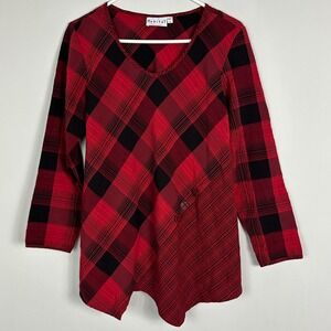 Habitat Red Plaid Asymmetric‎ Long Sleeve Tunic Top Size Small Button Lagenlook